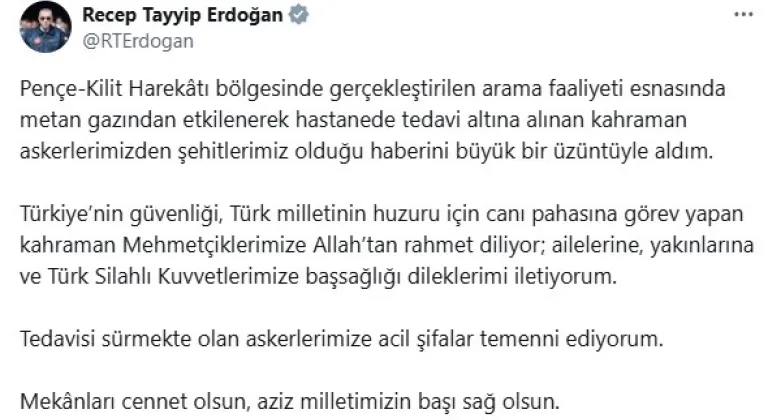 Cumhurbaşkanı Erdoğan’dan Pençe-Kilit bölgesindeki şehitler için taziye mesajı